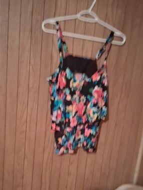Aqua Green Black Floral Swim Camisole with Bright Multicolor Flowers